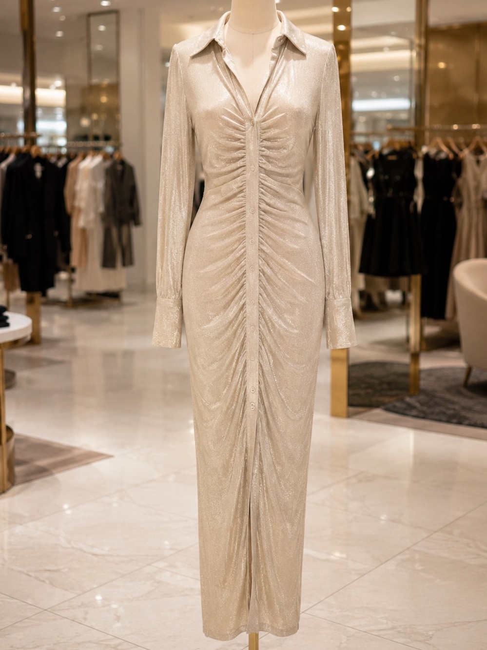 isalis Ruched Metallic Champagne Midi Maxi Dress Small Button Front Bodycon